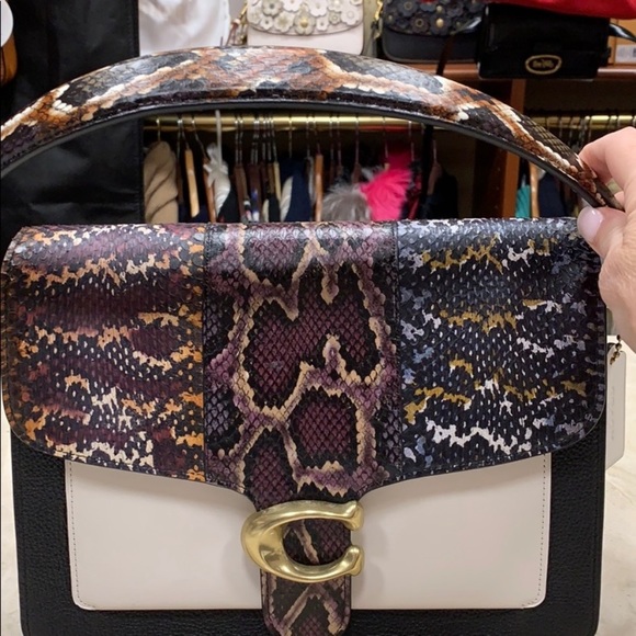 COACH 1941 TABBY LARGE EXOTIC SNAKESKIN AND LEATHER COLORBLOCK TOP HANDLE BAG - Picture 5 of 10